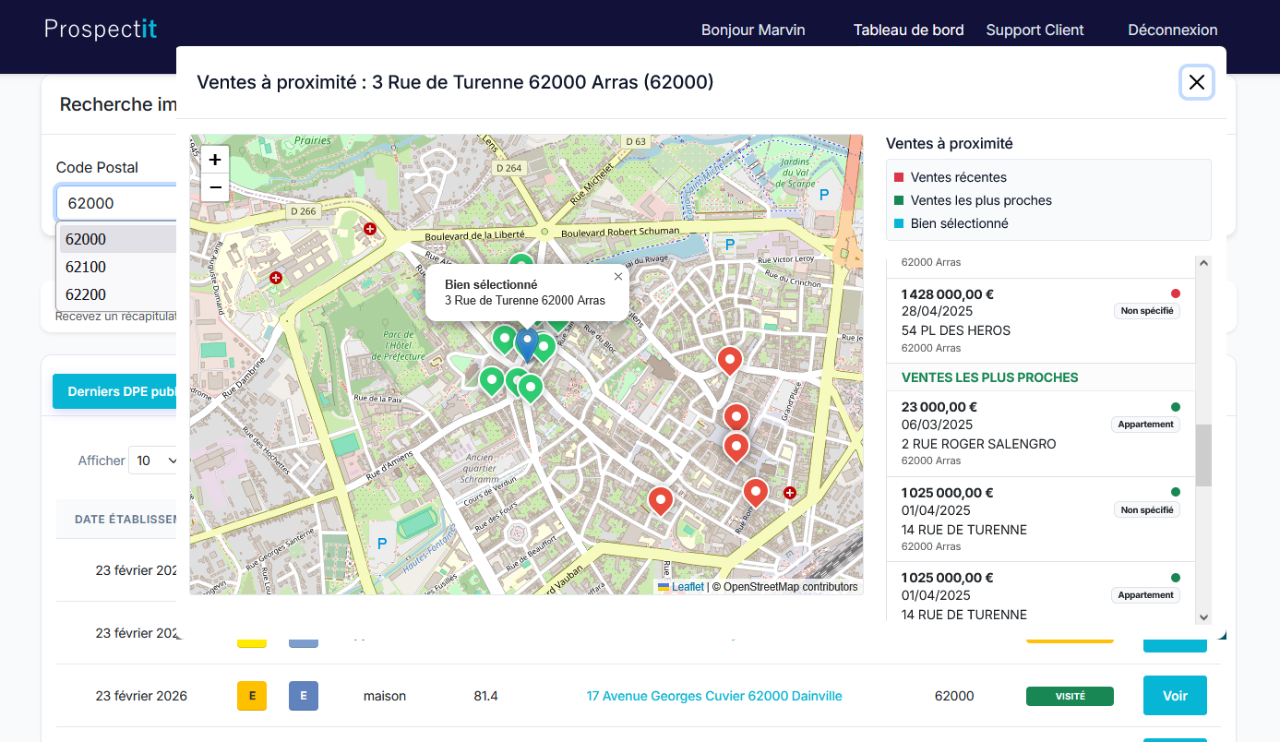 Interface Prospectit - Carte des ventes à proximité par code postal